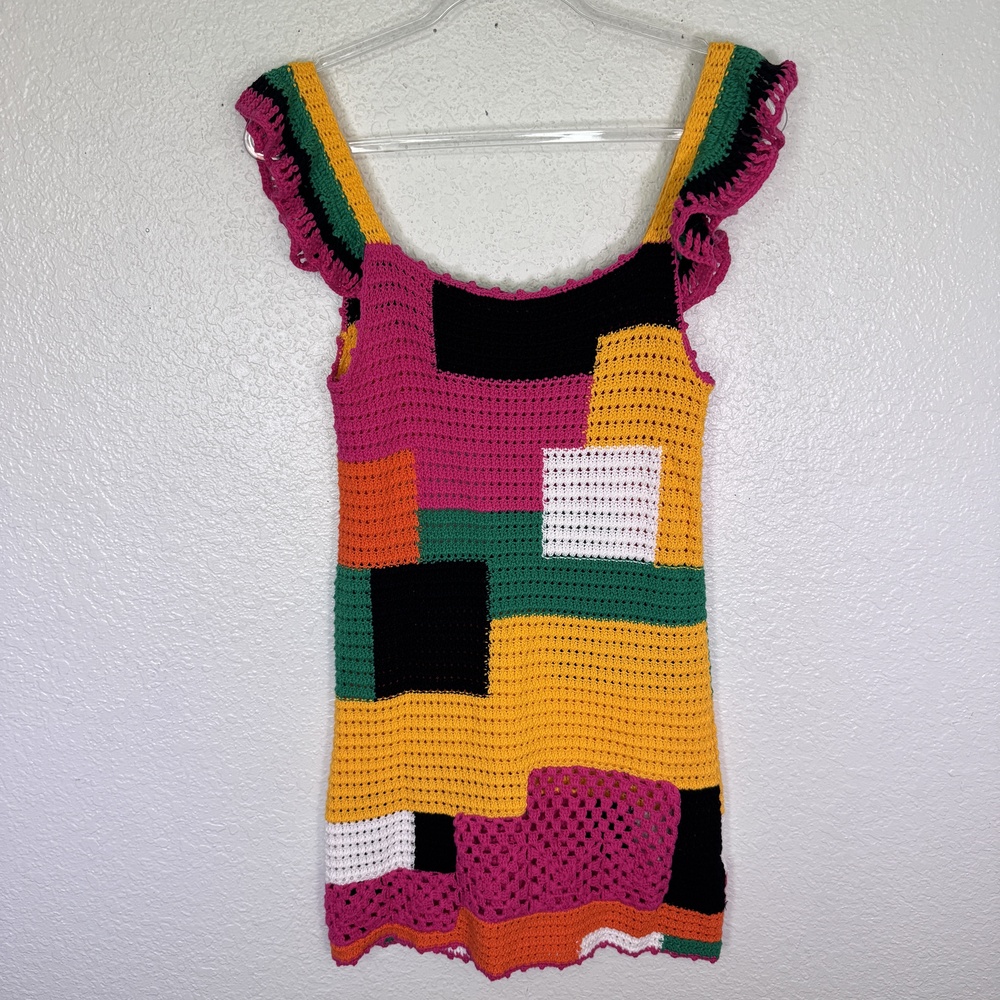 Zara Dress Womens Small Crochet Patchwork Mini Sundress Boho Festival Colorful